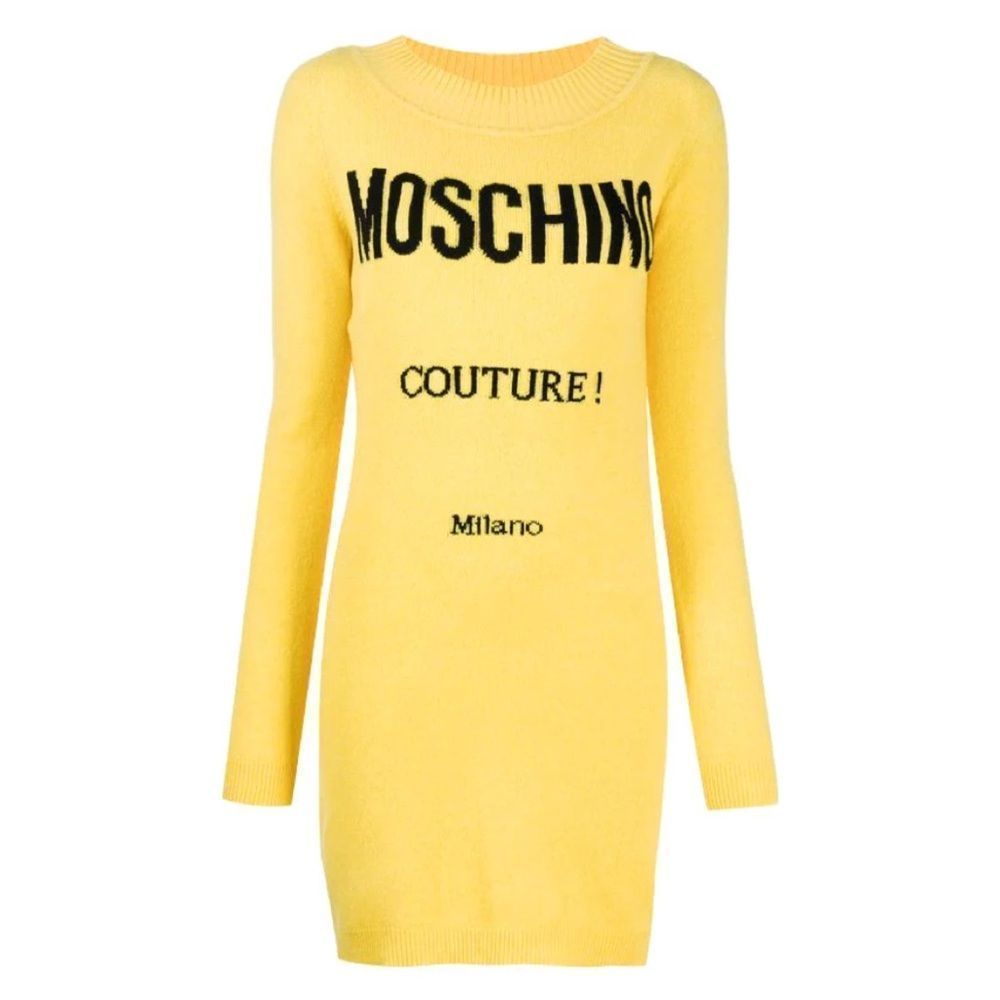 Moschino Intarsia Logo Yellow Cashmere Sweater Dress Long Sleeve Small NEW NWT